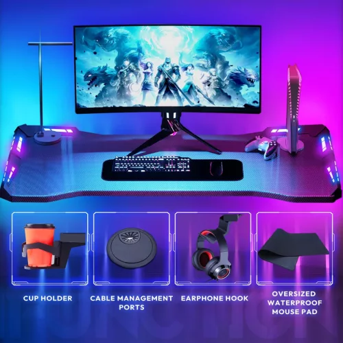 Dowinx RGB Gamer számítógépasztal, 140x60 cm, fekete - Pohártartó, fejhallgató tartó, távirányító