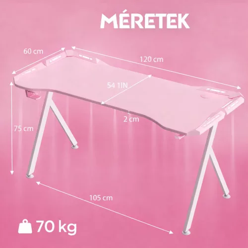Dowinx RGB Gamer számítógépasztal, 120x60 cm, pink- Pohártartó, fejhallgató tartó, távirányító