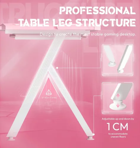 Dowinx RGB Gamer számítógépasztal, 120x60 cm, pink- Pohártartó, fejhallgató tartó, távirányító