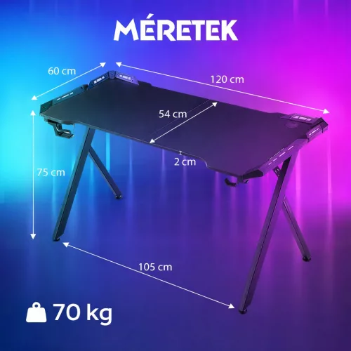 Dowinx RGB Gamer számítógépasztal, 120x60 cm, fekete- Pohártartó, fejhallgató tartó, távirányító