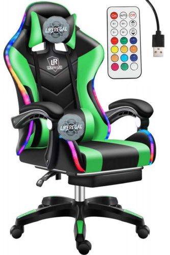 Stolička pre hráčov Likeregal 920 LED so stojanom na nohy, zelená