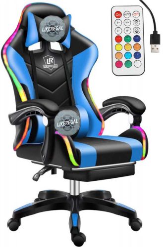Ergonomická herná stolička Likeregal 920 s LED osvetlením a podnožkou v modrej farbe.