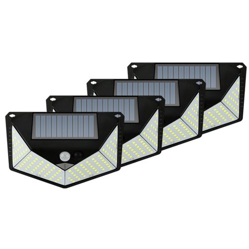 V bunke je text: "4 kusy 110 LED solárnych lámp s detektorom pohybu FourKings".