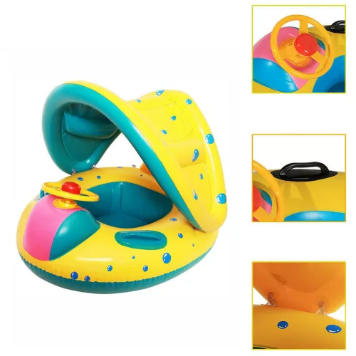 V bunke je nasledovný text: Fúkaný gumový čln s plachtou a kormidlom 65x73cm.