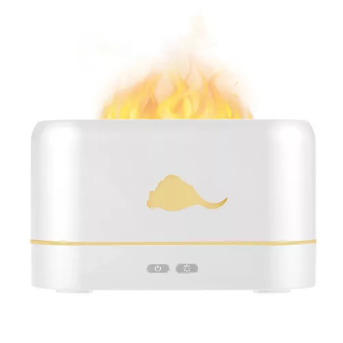 V bunke je text: Arómaterapeutický difuzér s funkciou čistenia vzduchu a realistickým efektom plameňa.