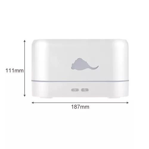 V bunke je text: Arómaterapeutický difuzér s funkciou čistenia vzduchu a realistickým efektom plameňa.