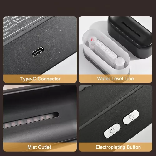 V bunke je text: Arómaterapeutický difuzér s funkciou čistenia vzduchu a realistickým efektom plameňa.