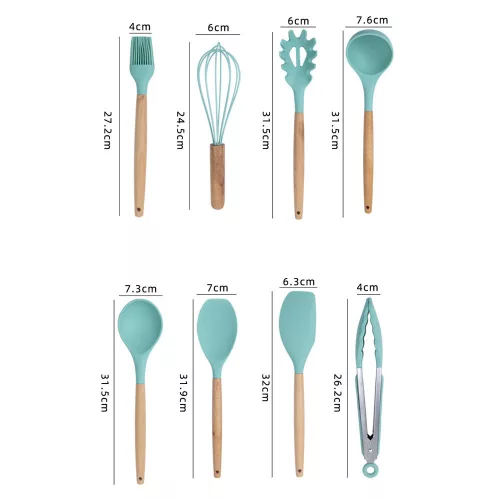 12-dielna sadza nepriľnavých silikónových kuchynských nástrojov, tyrkysová