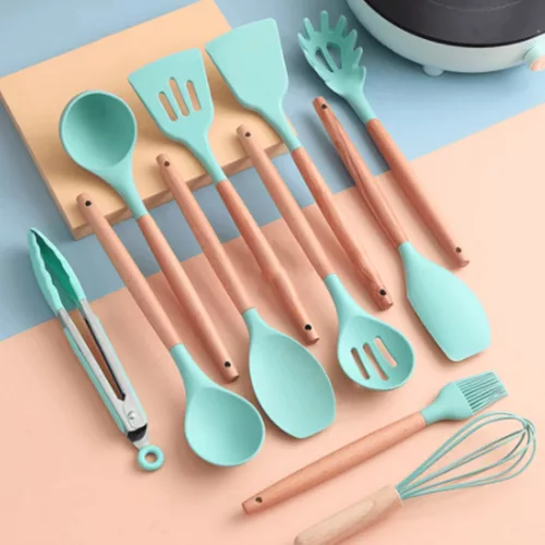 12-dielna sadza nepriľnavých silikónových kuchynských nástrojov, tyrkysová