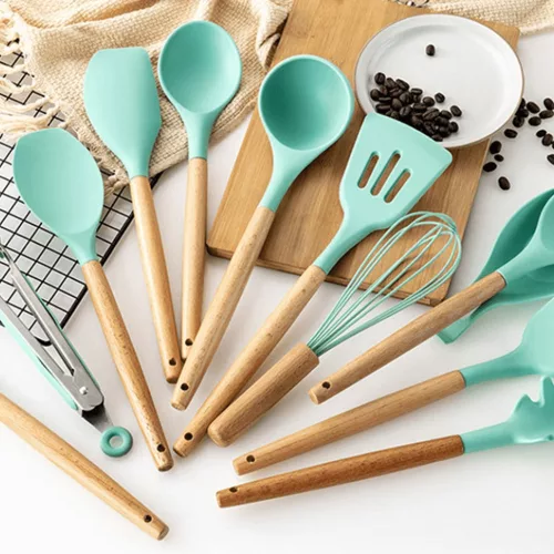 12-dielna sadza nepriľnavých silikónových kuchynských nástrojov, tyrkysová