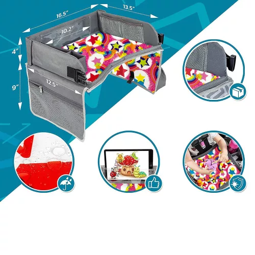 Prenosný detský stôl do auta, s vreckami.