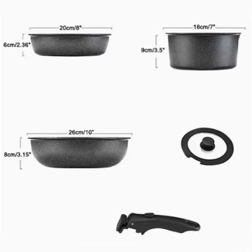 Odnímateľná rukoväť 5-dielna sada riadu - Moderné, priestorovo úsporné a praktické riešenie do každej kuchyne.