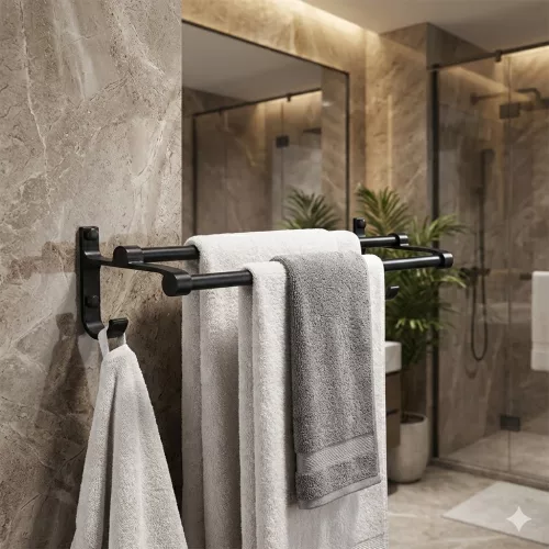 Dupla törölközőtartó 80 cm – fekete, fúrás nélkül, alumínium
