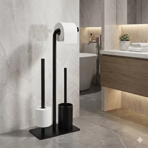 Álló WC papírtartó és WC kefe tartó – fekete, rozsdamentes acél