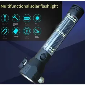   Multifunkčná LED baterka s nabíjaním cez solárny panel, bezpečnostným kladivkom a rezačom opaskov