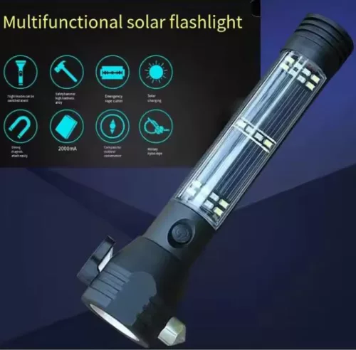 Multifunkčná LED baterka s nabíjaním cez solárny panel, bezpečnostným kladivkom a rezačom opaskov