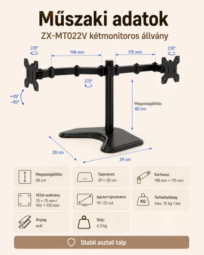 Stojan na dva monitory pre displeje s uhlopriečkou 10–32 palcov, s otočným a nastaviteľným mechanickým ramenom