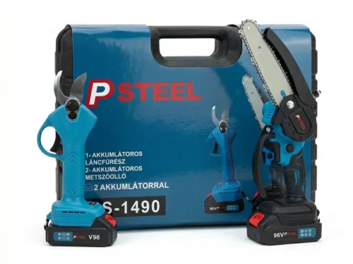 PSteel Akkumulátoros Ágvágó Láncfűrész és Metszőolló Szett két akkumulátorral – 96V