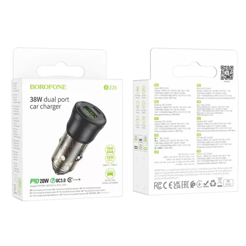 Borofone BZ25 Journey 38 W USB-A/USB-C nabíjačka do auta + 1 m kábel USB-C–USB-C, čierna