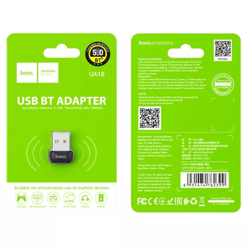 HOCO UA18 Bluetooth 5.0 USB-A nano adaptér, čierny